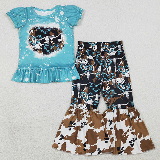 Baby Girls Clothes Bull Skulls Turquoises Top Bell Bottom Pants Western Clothes Sets GSPO2116 1.12