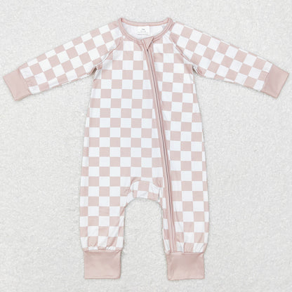 Baby Infant Girls Rompers Khaki Checkered Long Sleeve Zip Rompers LR0809