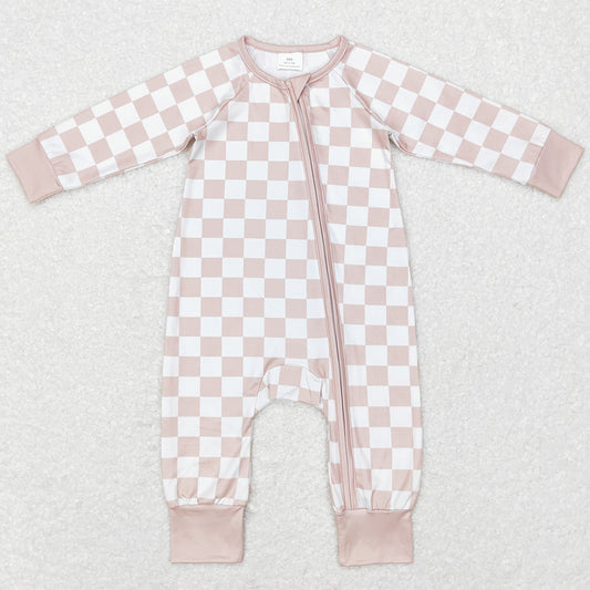 Baby Infant Girls Rompers Khaki Checkered Long Sleeve Zip Rompers LR0809