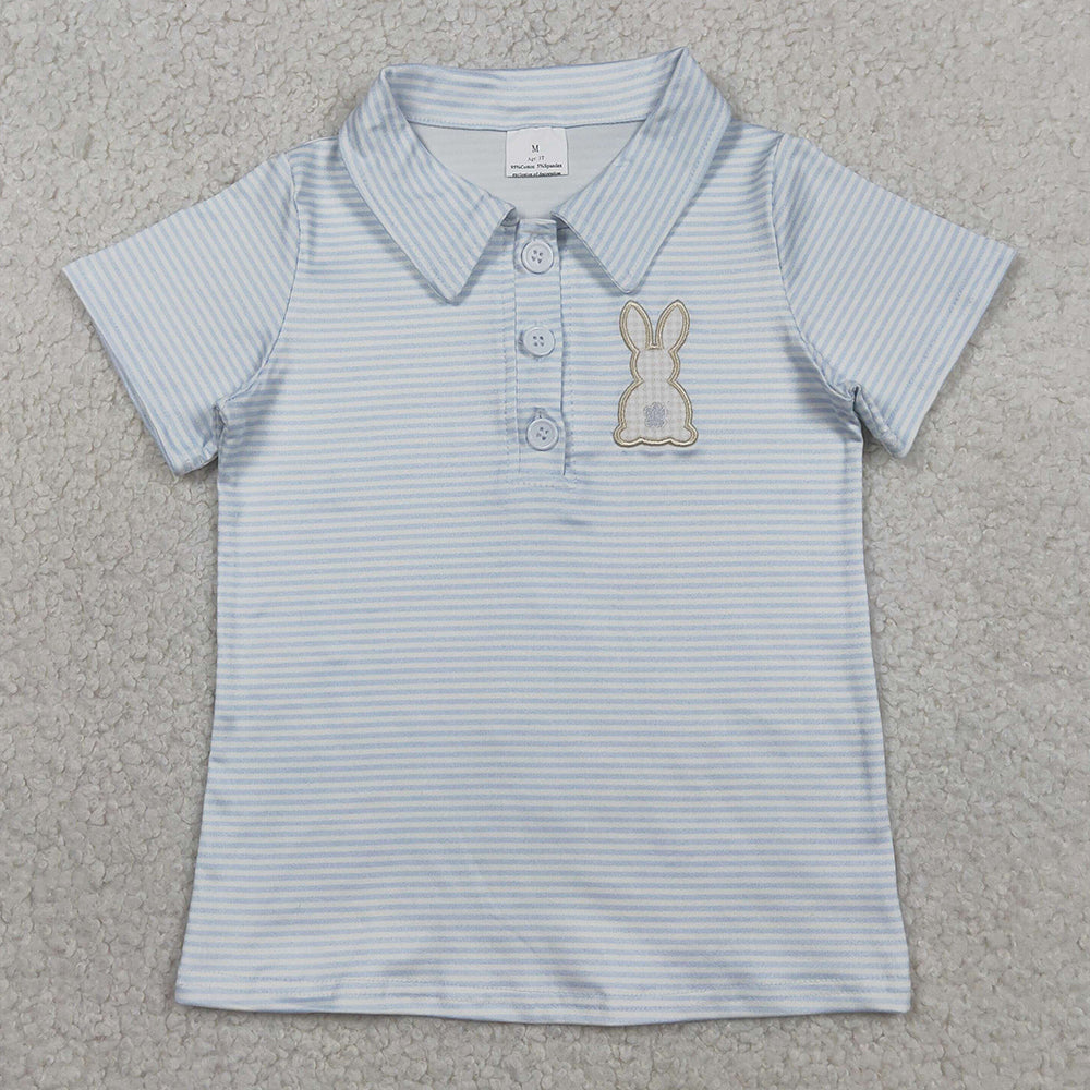 Baby Boys Clothes Embroidery Rabbit Light Blue Stripe Easter Button Polo Shirts Top BT1708