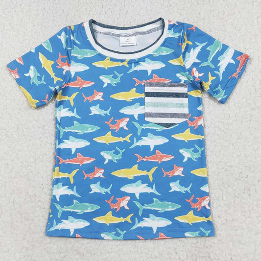 Baby Boys T-shirts Sharks Pocket Short Sleeve Tee Shirts Tops BT0667