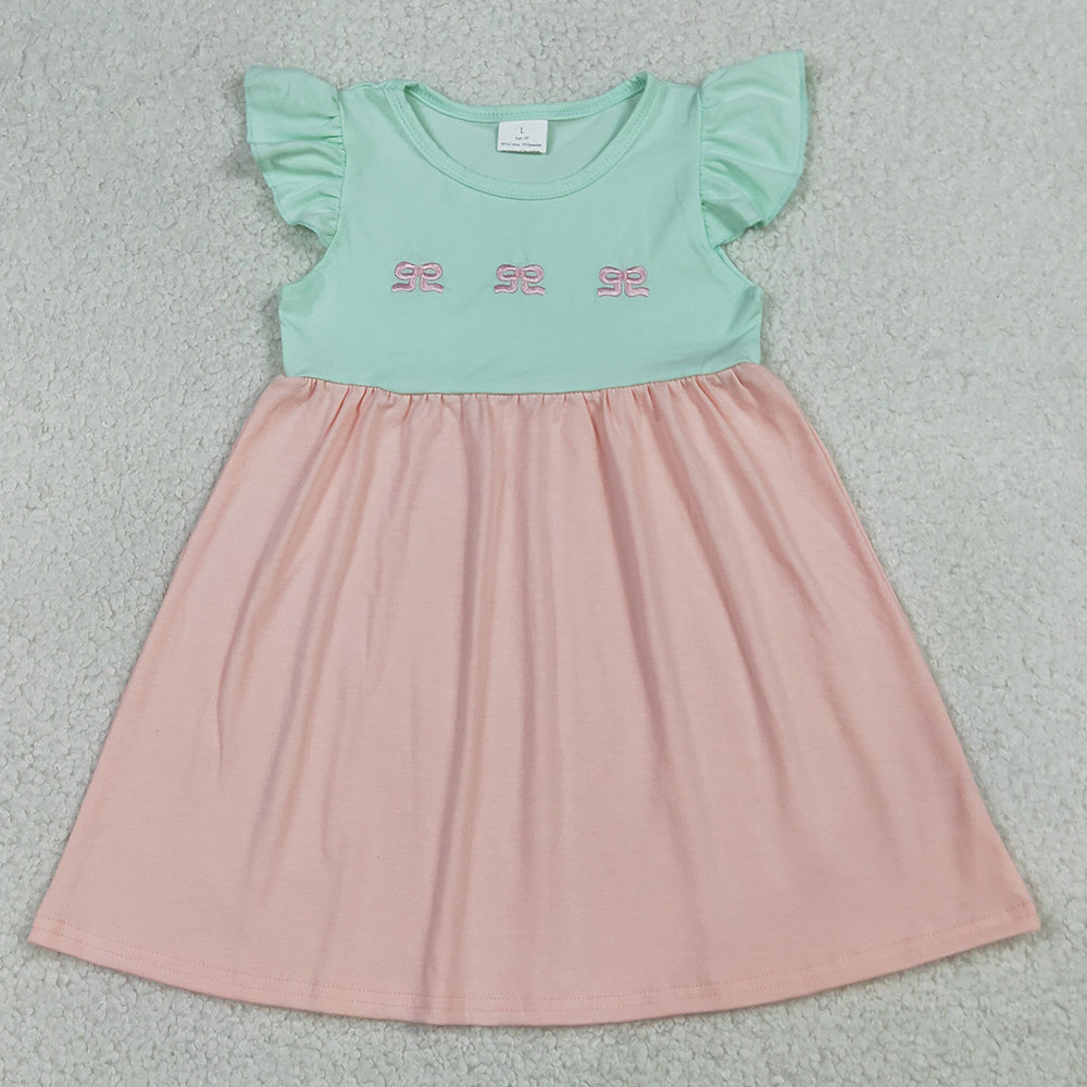 Baby Girls Dress Embroidery Bows Flutter Sleeve Patchwork Knee Length Dress GSD3530