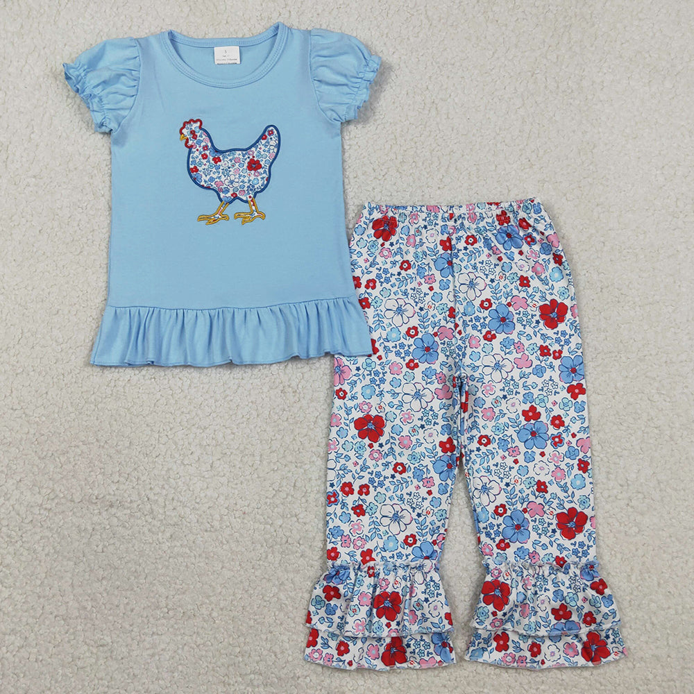 Baby Girls Clothes Embroidery Floral Chick Tunic Ruffle Pants Farm Clothes Sets GSPO2261