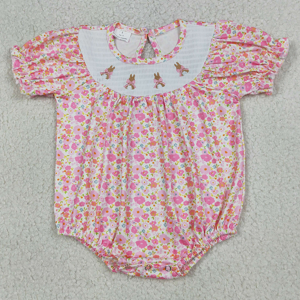 Baby Girls Rompers Smocked Bow Rabbits Pink Flowers Easter Ruffle Rompers SR3785