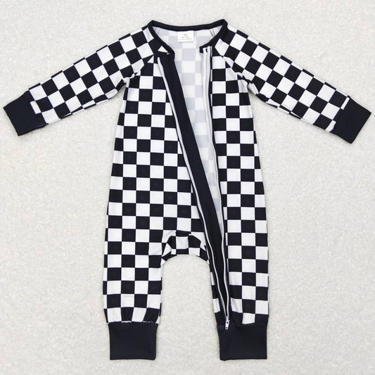 Baby Infant Kids Rompers Black Checkered Long Sleeve Zip Sleepers Rompers LR0812