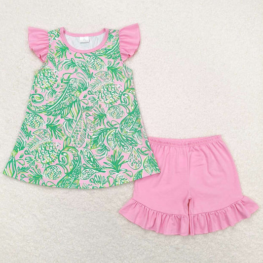 Baby Girls Clothes Pink Fishes Tunic Ruffle Shorts Sets GSSO1083