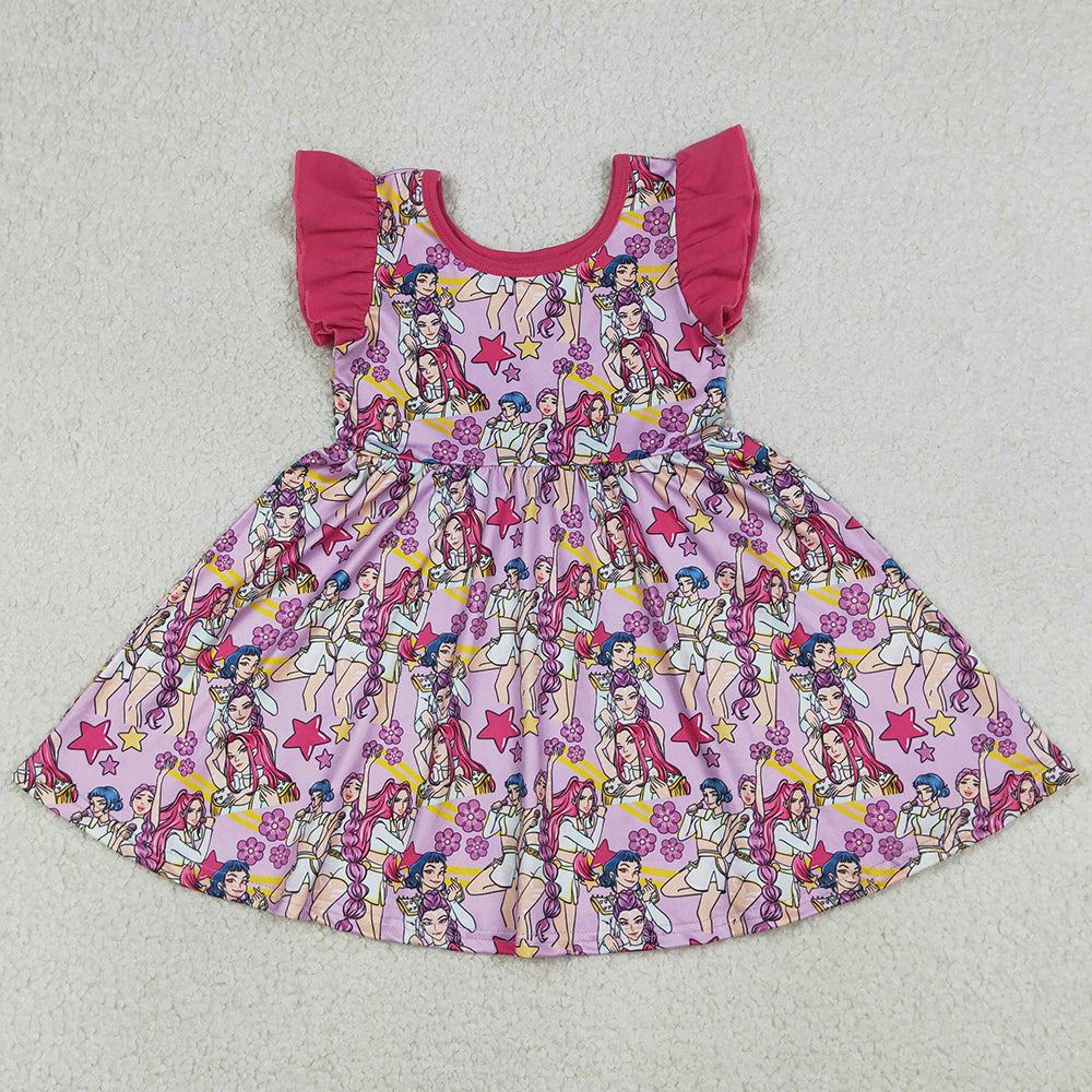 Baby Girls Dress Pink Flutter Sleeve Flowers Demon Hunter Knee Length Dresses GSD3273