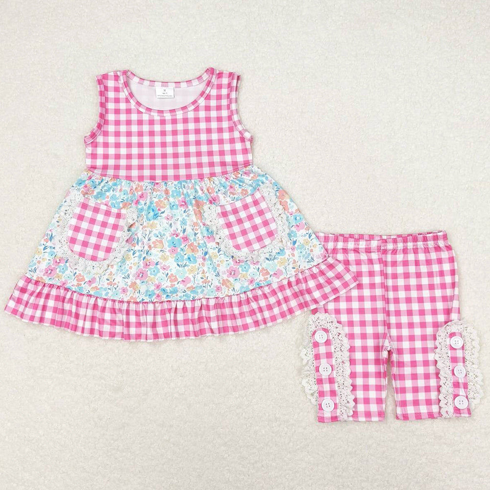 Baby Girls Clothes Pink Checkered Floral Tunic Top Ruffle Middle Length Shorts Sets GSSO0813