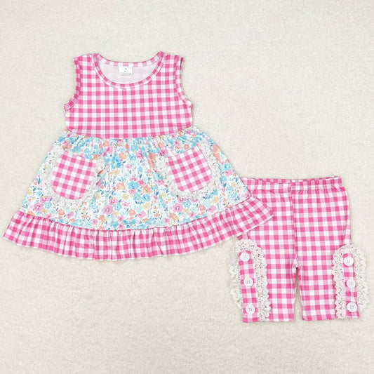 Baby Girls Clothes Pink Checkered Floral Tunic Top Ruffle Middle Length Shorts Sets GSSO0813