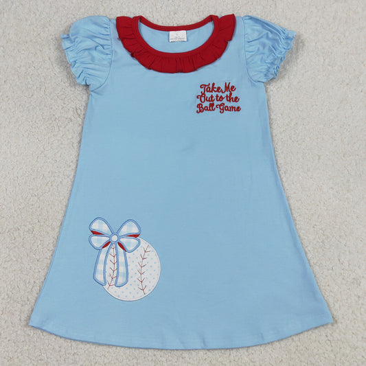 Baby Girls Dress Embroidery Baseballs Bows Knee Length Dresses GSD3685