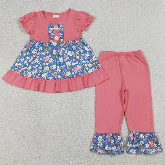 Baby Girls Clothes Colorful Flowers Button Tunic Ruffle Pants Clothing Sets GSPO1814