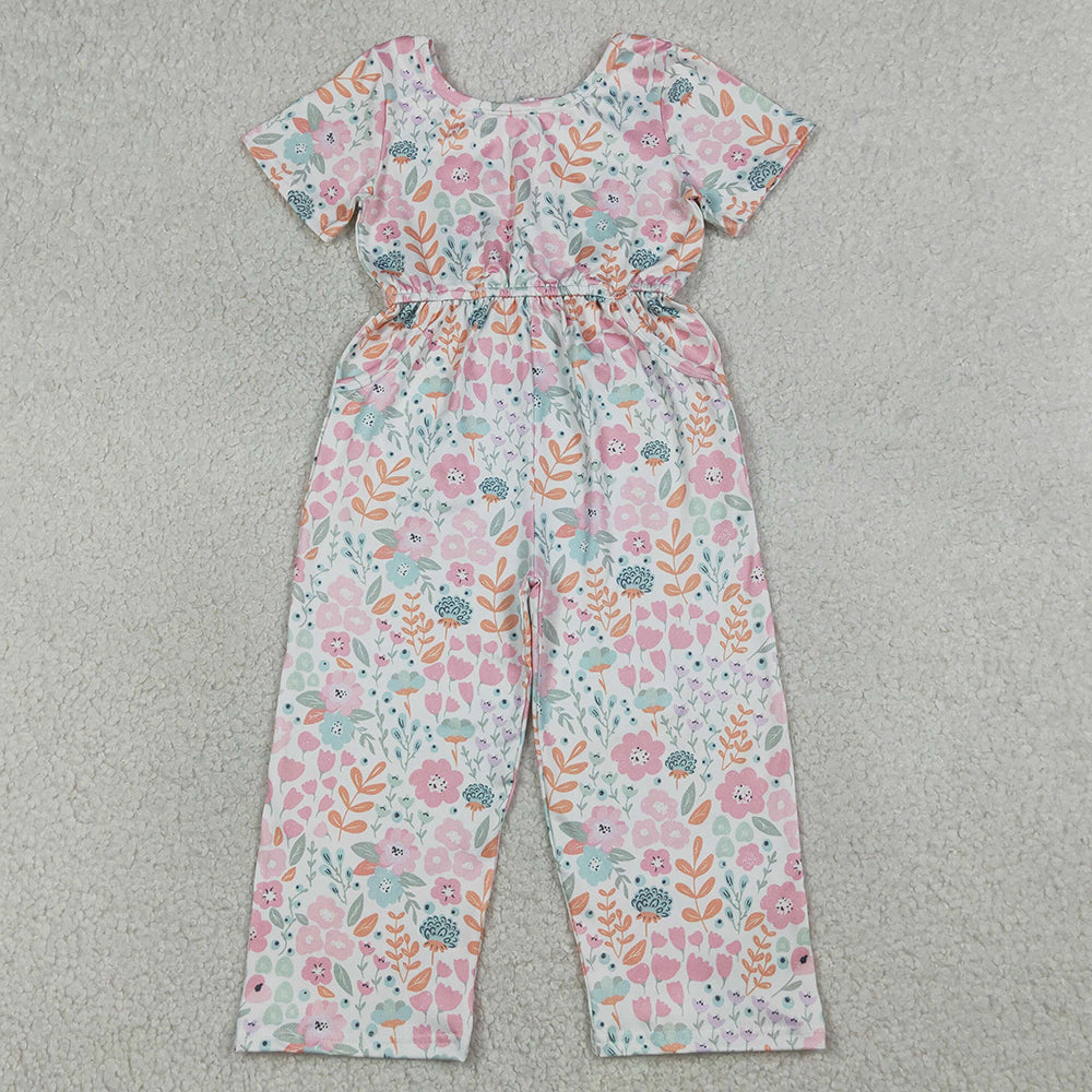 Baby Girls Jumpsuits Short Sleeve Pink Flowers Pockets Pant Jumpsuits SR3987