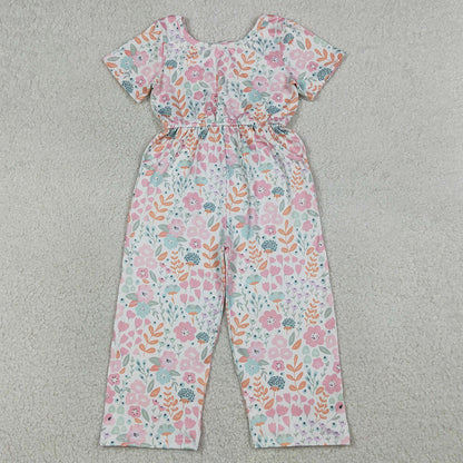 Baby Girls Jumpsuits Short Sleeve Pink Flowers Pockets Pant Jumpsuits SR3987