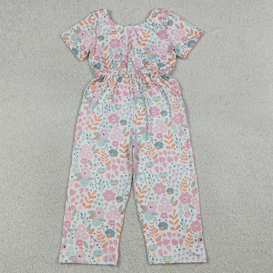 Baby Girls Jumpsuits Short Sleeve Pink Flowers Pockets Pant Jumpsuits SR3987