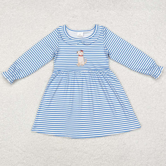 Baby Girls Dress Blue Stripes Dog Embroidery Knee Length Dresses GLD0701