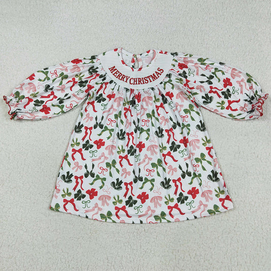 Baby Girls Smocked Embroidery Merry Christmas Colorful Bows Knee Length Dresses GLD1094 7.19