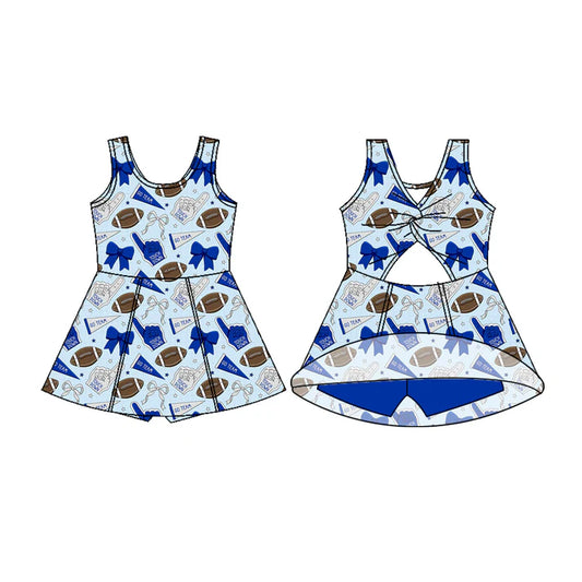 Preorder (moq 5)Baby Girls Sleeveless Hot Blue Bows Footballs Shorts Team Knee Length Dresses 7.17