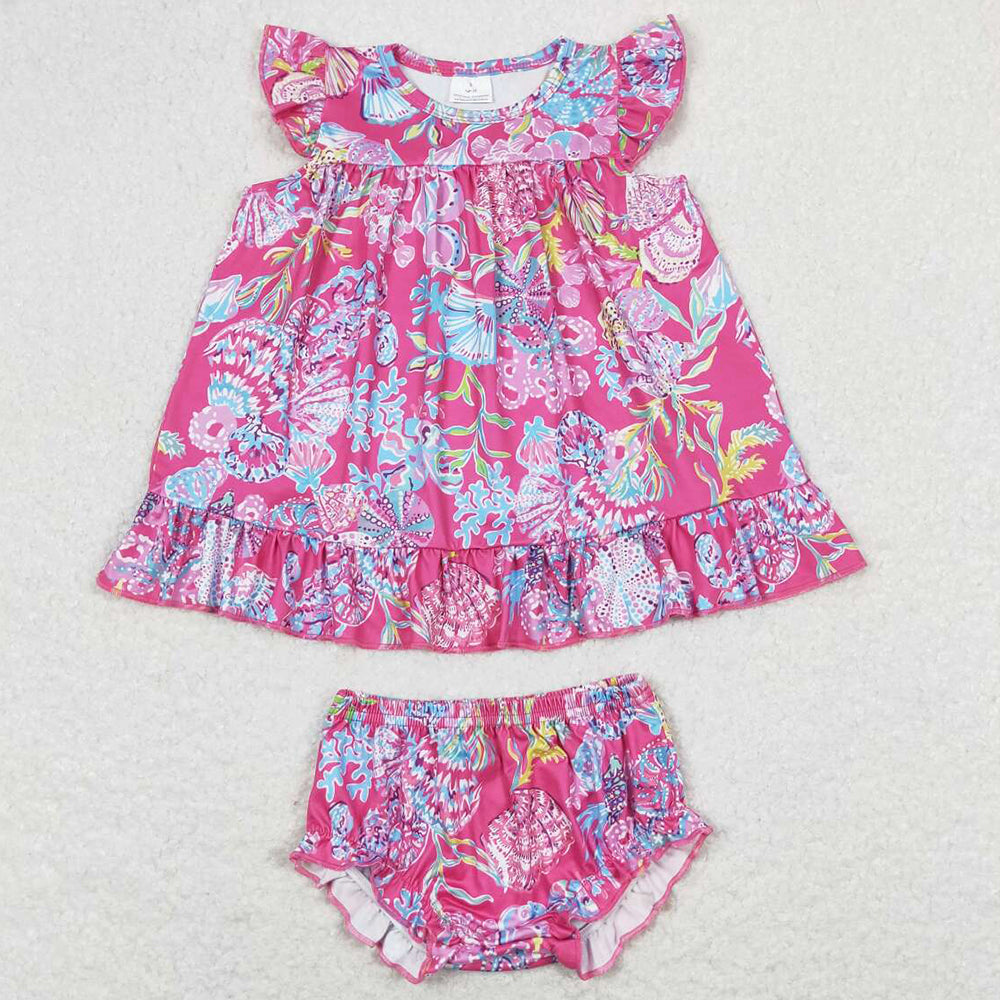 Baby Girls Clothes Bummies Sets Pink Shells Tunic Top Bummies Shorts Sets GBO0344