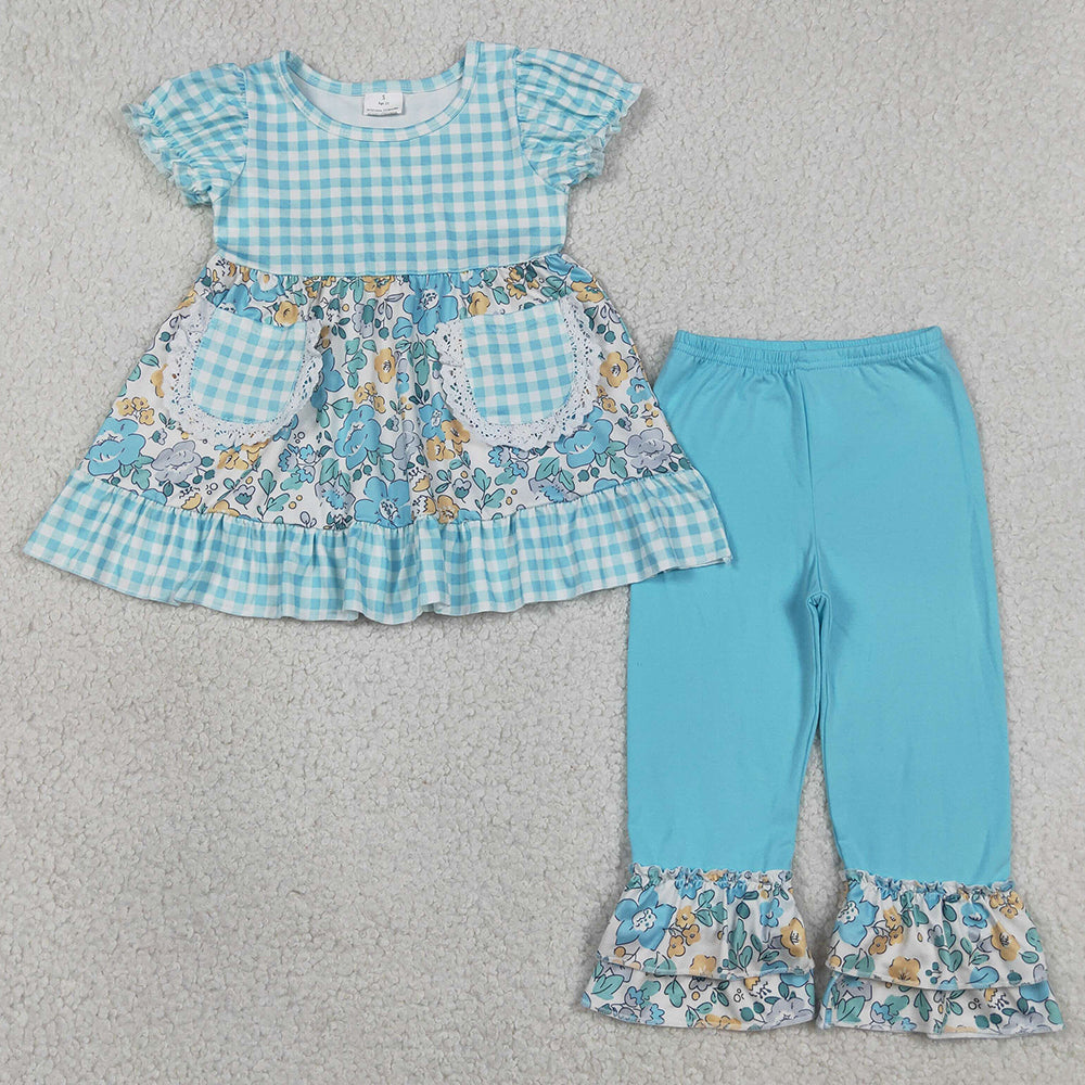 Baby Girls Clothes Blue Checked Flowers Pockets Tunic Ruffle Pant Clothes Sets GSPO2282