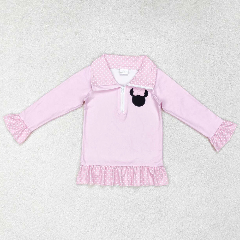 Baby Girls Clothes Pink Cartoon Bow Zip Long Sleeve Tee Shirts Tops GT0602