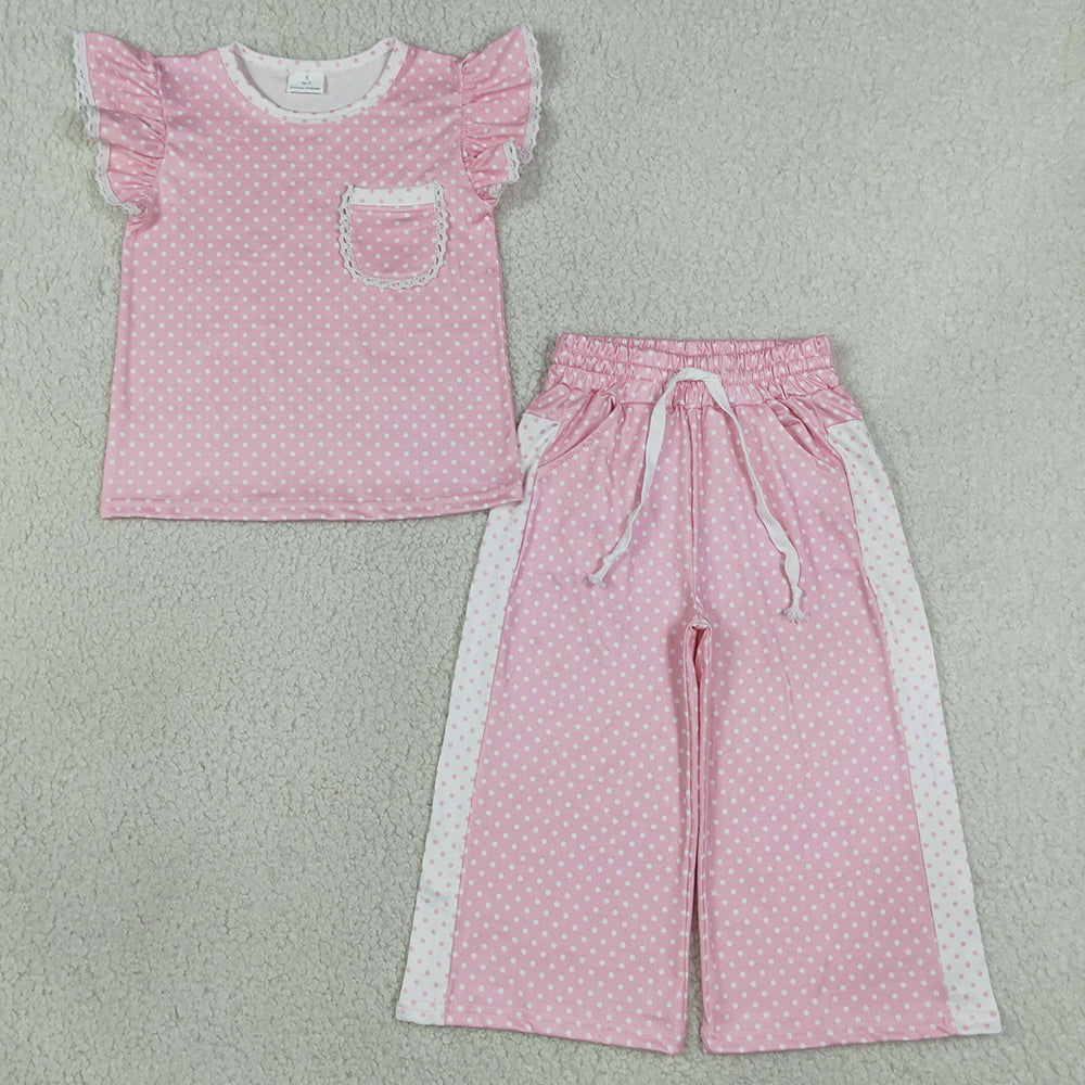 Baby Girls Clothes Flutter Sleeve Pink Polka Dots Pocket Top Flare Pant Clothes Sets GSPO2330