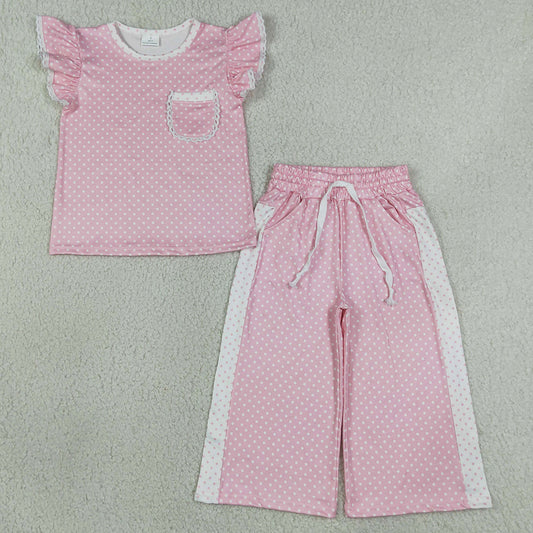 Baby Girls Clothes Flutter Sleeve Pink Polka Dots Pocket Top Flare Pant Clothes Sets GSPO2330