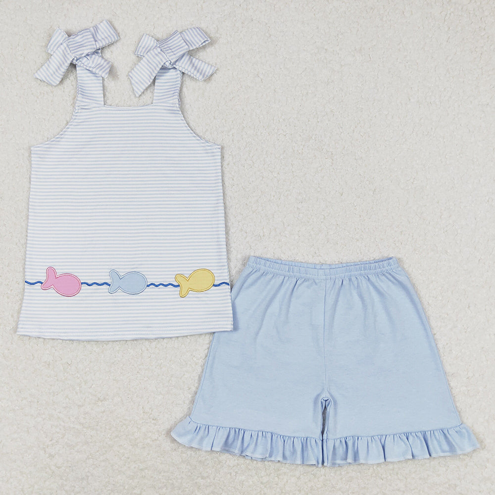 Baby Girls Clothes Fish Straps Tunic Top Ruffle Shorts Sets GSSO0809