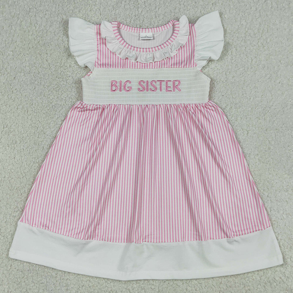 Baby Girls Dress Smocked Big Sister Flutter Sleeve Pink Stripe Knee Length Dresses GSD3153