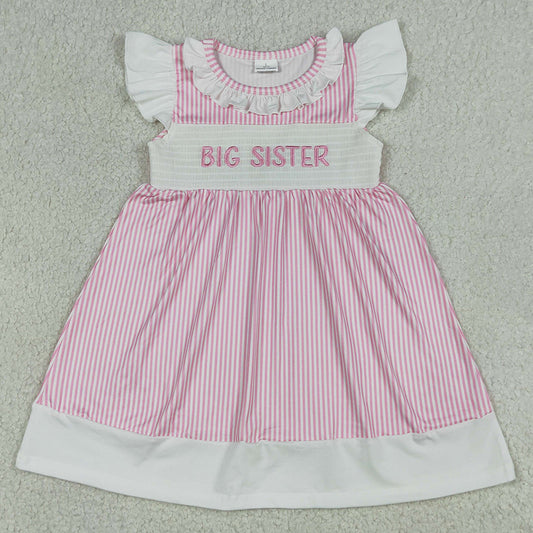 Baby Girls Dress Smocked Big Sister Flutter Sleeve Pink Stripe Knee Length Dresses GSD3153