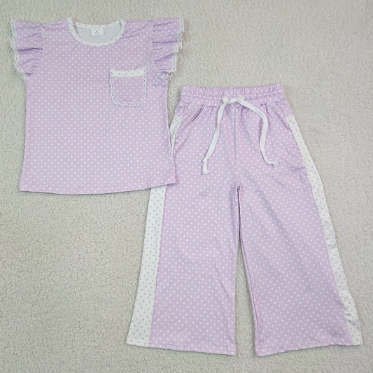 Baby Girls Clothes Purple Polka Dots Pocket Top Flare Pant Clothes Sets GSPO2328