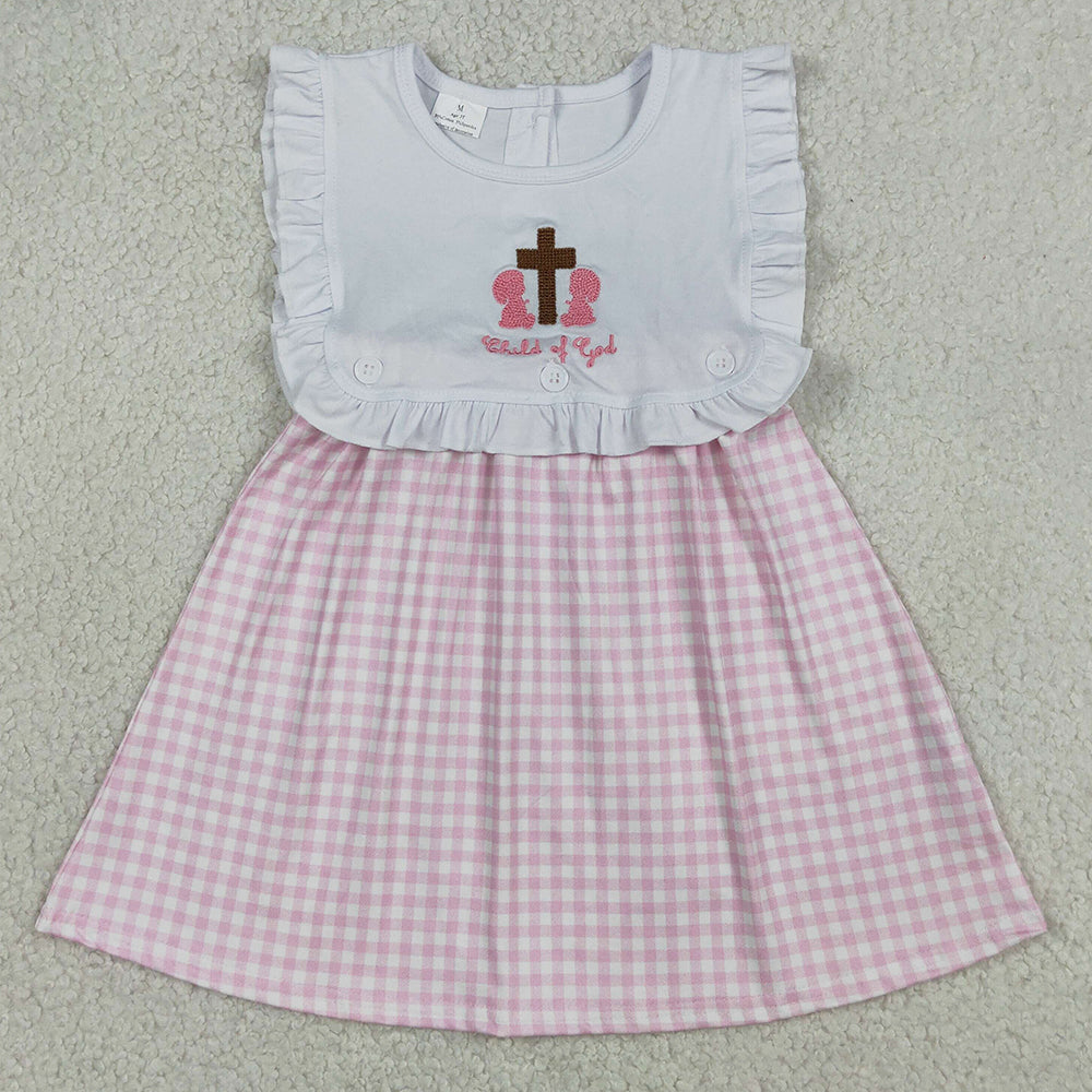 Baby Girls Rompers Embroidery Cross Pink Checked Child of God Easter Knee Length Dress GSD3201