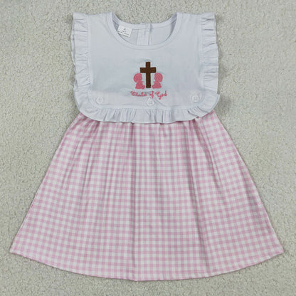 Baby Girls Rompers Embroidery Cross Pink Checked Child of God Easter Knee Length Dress GSD3201