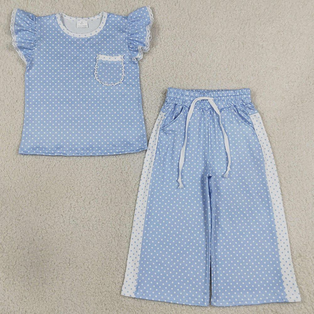 Baby Girls Blue Polka Dots Pocket Top Flare Pant Clothes Sets GSPO2331