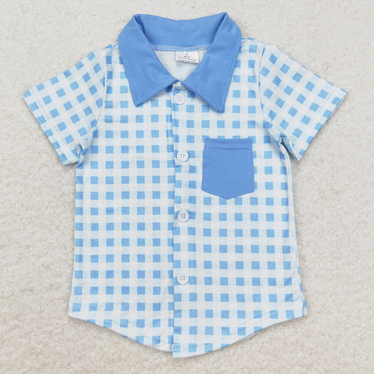 Baby Boys T-shirts Blue Checkered Short Sleeve Tee Shirts Tops BT0806