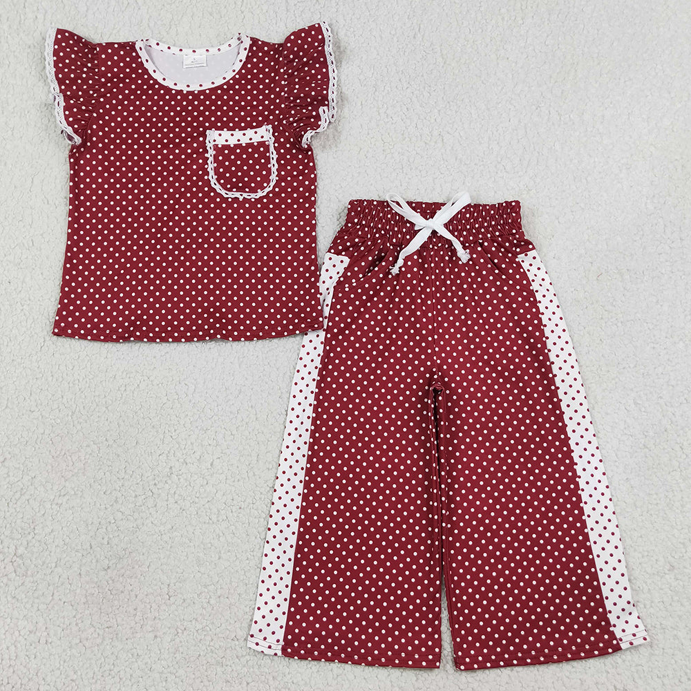 Baby Girls Clothes Maroon Polka Dots Pocket Tops Flare Pants Clothes Sets GSPO2329