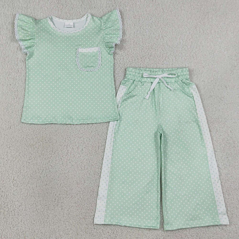 Baby Girls Clothes Light Green Polka Dots Pocket Top Flare Pant Clothes Sets GSPO2332
