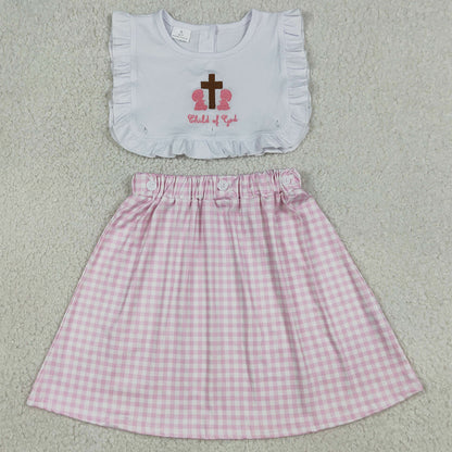 Baby Girls Rompers Embroidery Cross Pink Checked Child of God Easter Knee Length Dress GSD3201