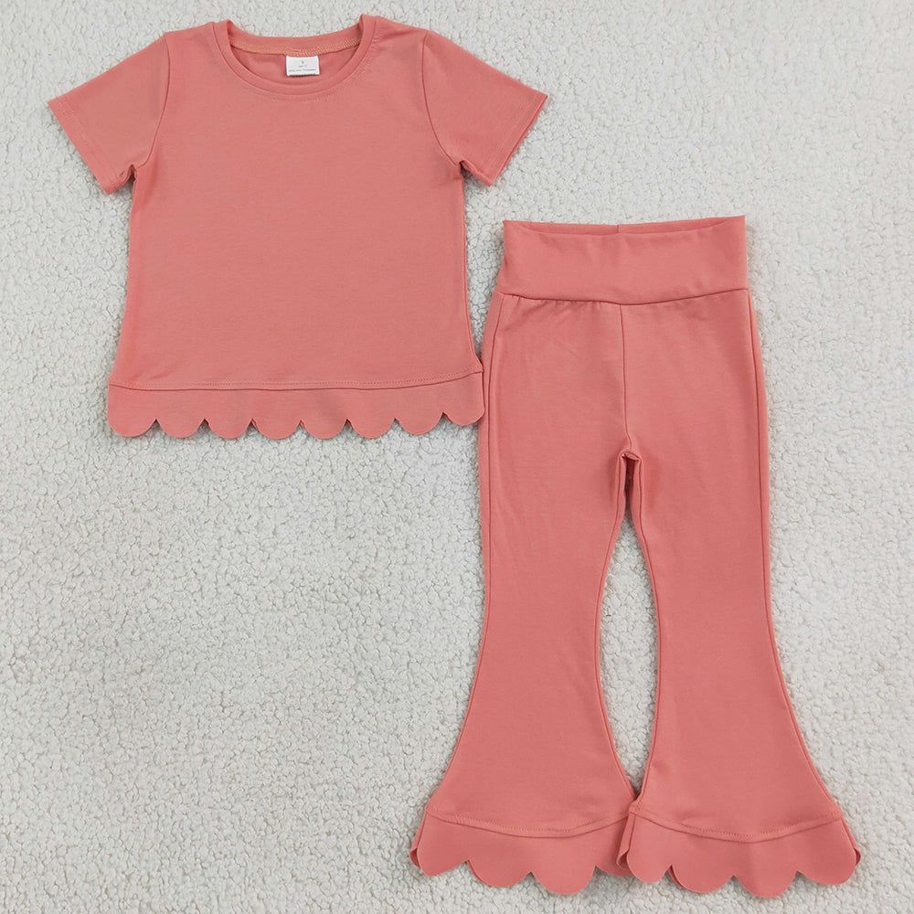 Baby Girls Clothes Pink Short Sleeve Shirts Top Bell Bottom Pant Scallop Clothes Sets GSPO2338