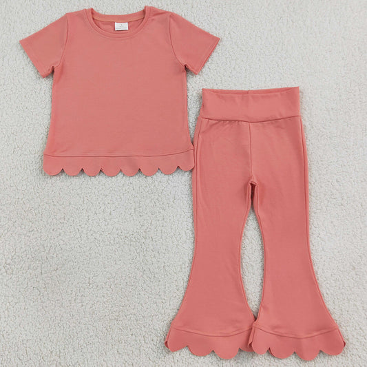 Baby Girls Clothes Pink Short Sleeve Shirts Top Bell Bottom Pant Scallop Clothes Sets GSPO2338