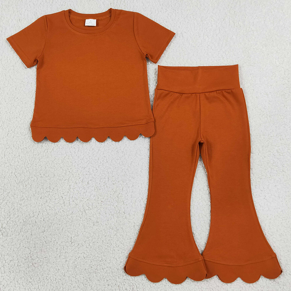 Baby Girls Clothes Orange Short Sleeve Shirts Top Bell Bottom Pant Scallop Clothes Sets GSPO2345
