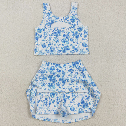 Baby Girls Clothes Blue Flowers Print Vest Top Shorts Skirts Yoga Activity Set GSD2787 8.9
