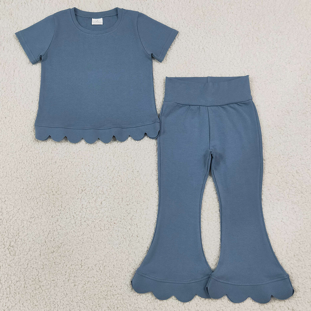 Baby Girls Clothes Grey Blue Short Sleeve Top Flare Pant Scallop Clothes Sets GSPO2339