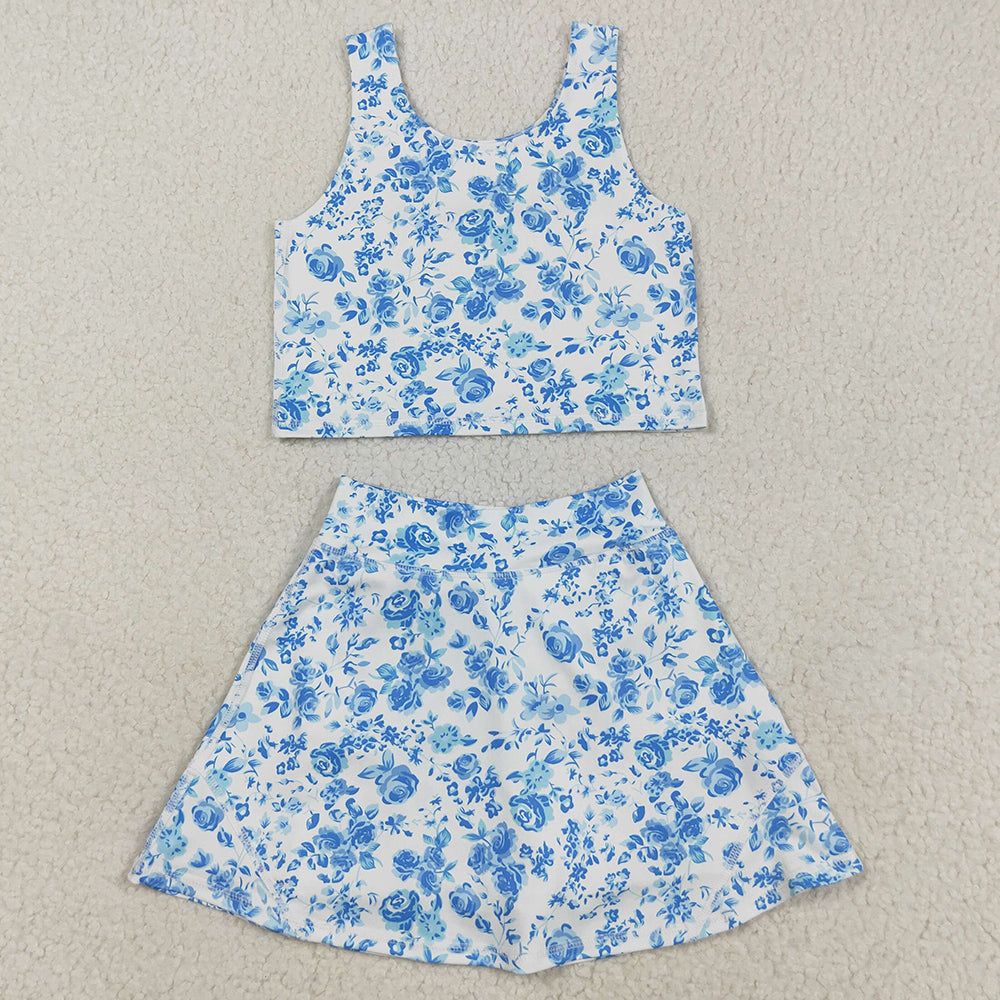 Baby Girls Clothes Blue Flowers Print Vest Top Shorts Skirts Yoga Activity Set GSD2787 8.9