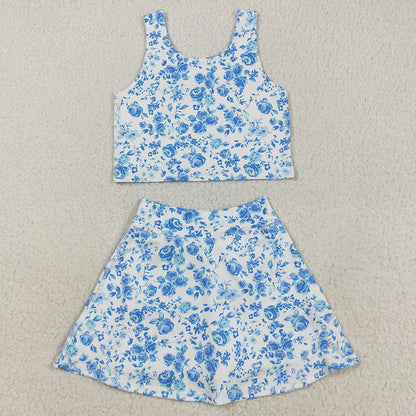 Baby Girls Clothes Blue Flowers Print Vest Top Shorts Skirts Yoga Activity Set GSD2787 8.9