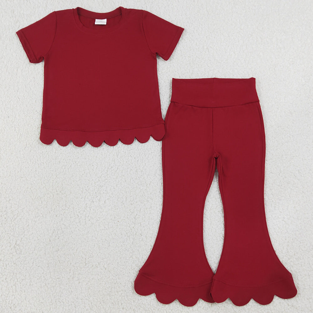 Baby Girls Clothes Maroon Short Sleeve Top Bell Bottom Pant Scallop Clothes Sets GSPO2344