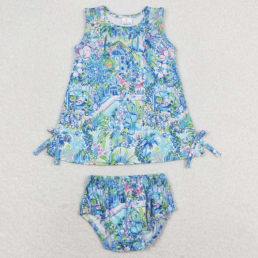 Baby Girls Clothes Blue Flowers Tunic Top Bummies Sets GBO0340