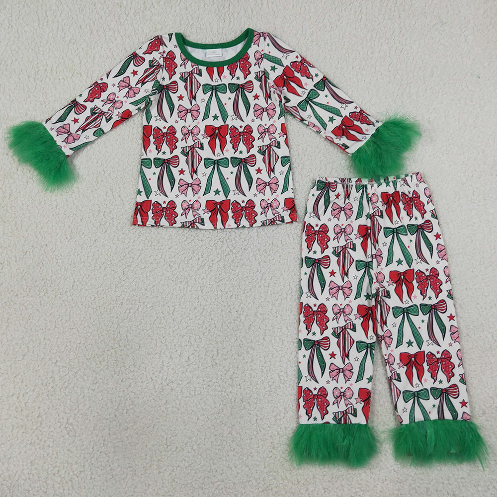 Baby Girls Pajamas Green Red Bows Tops Pants Fur Sleeves Christmas Pajamas Sets GLP3611