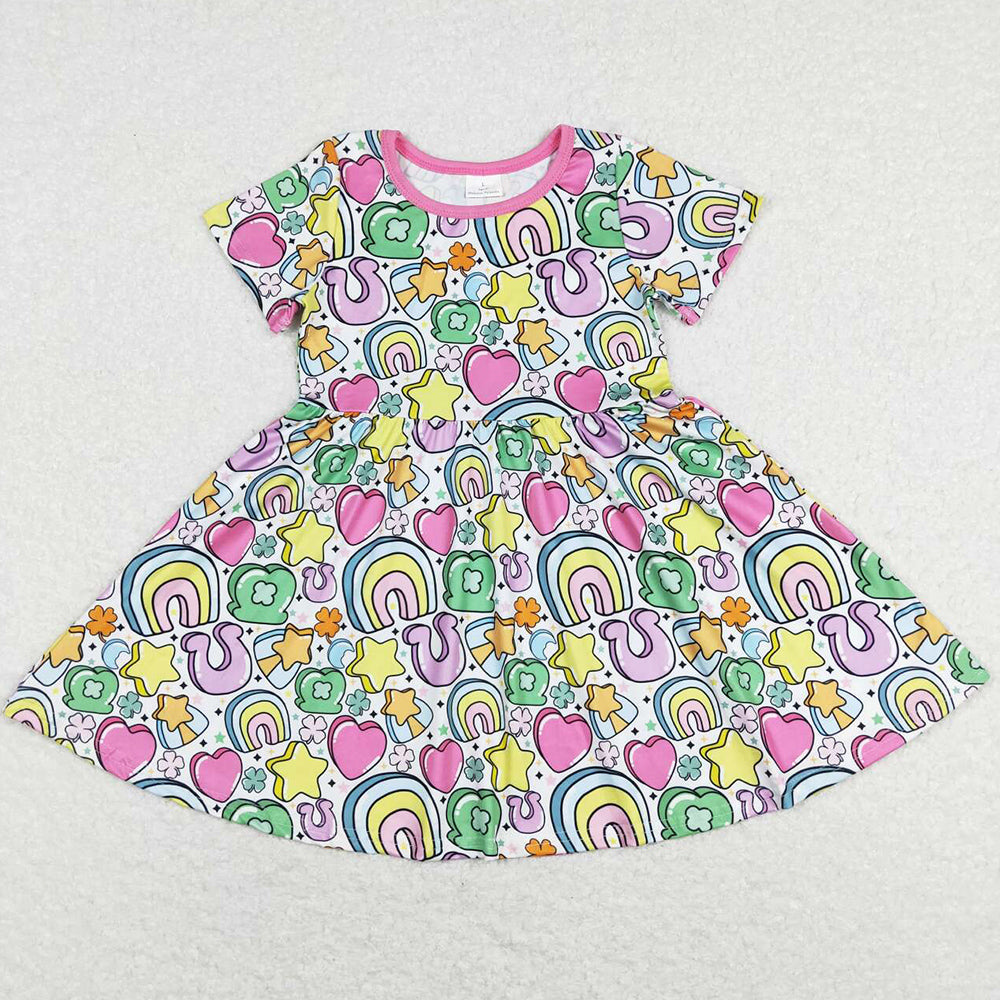 Baby Girls Dress Short Sleeve St Patrick Day Rainbow Knee Length Dresses GSD0537