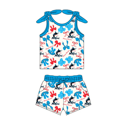 Preorder MOQ 5 pcs sleeveless M light blue bow top shorts girls team clothes 8.23