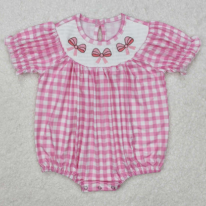 Baby Infant Girls Rompers Pink Checkered Bows Smocked Rompers SR2325